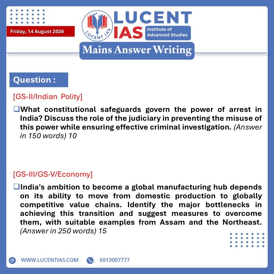 APSC Mains answer writing questions on arrest safeguards and global value chains in India